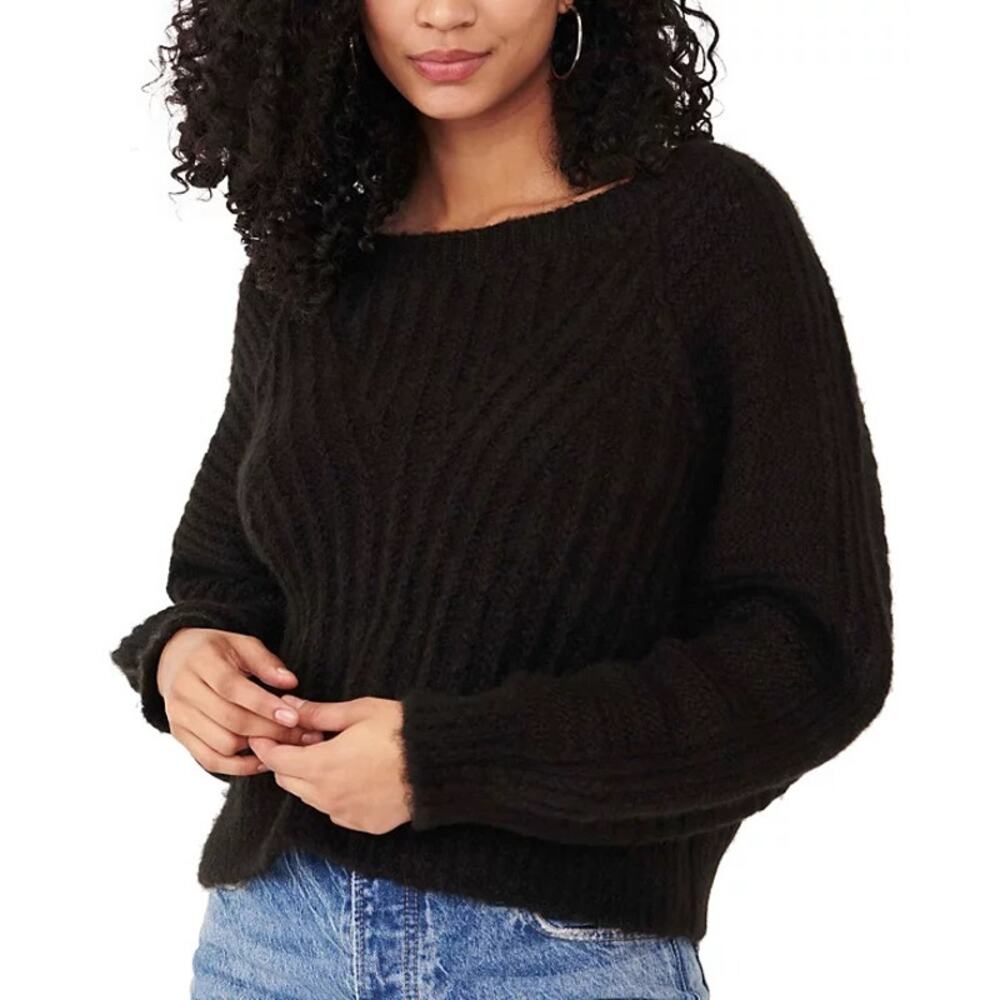 Free People Black Ribbed Crew Neck Sweater